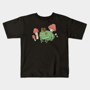 A Cute Cottagecore Aesthetic with a Frog Wearing a Snail Hat and Mushroom Kids T-Shirt